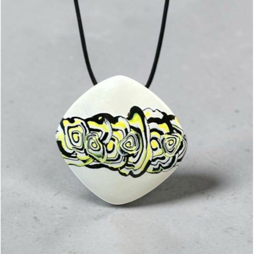 Yellow Black White Graphic Print Handmade Polymer Clay LG Pendant Necklace Cord
